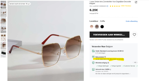 Shein zonnebril geen retour